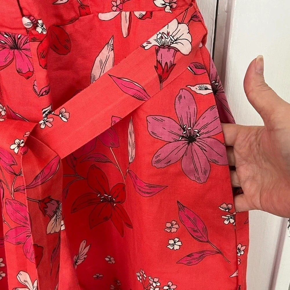 Banana Republic Cropped Linen Cotton Wide Leg Cropped Jumpsuit Red Floral Size 2